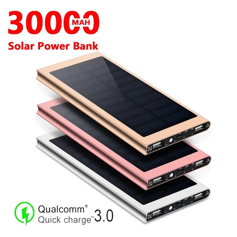 30000МАч Солнечный Power Bank Ultra Thin с светодиодной подсветкой внешний Пауэрбанк для iPhone Xiaomi Samsung Путешественник Зарядное устройство вкл.
