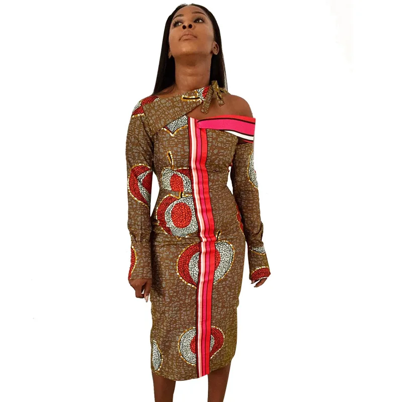 

Stripe Print Sexy Long Bandage Dress Women Skew Collar Hollow Out Wrap Maxi Dress Long Sleeve Skinny Party Night Club Dresses