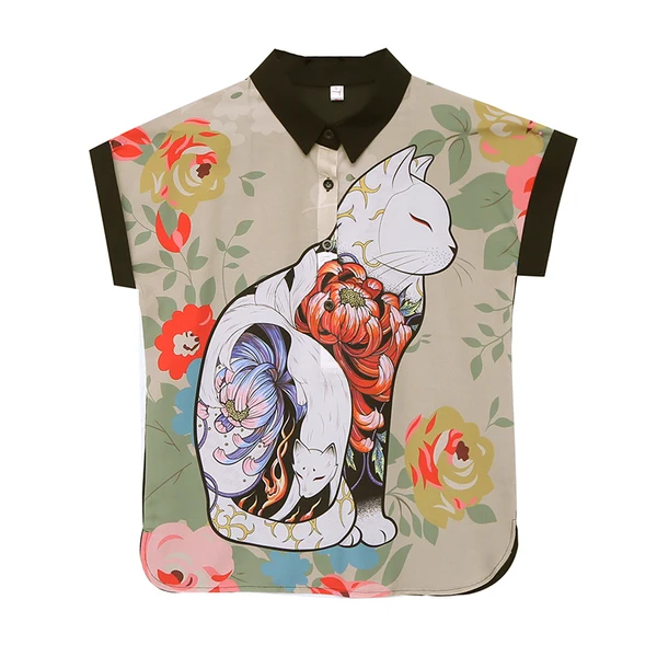 Блузка женская шифоновая с принтом рубашка коротким рукавом и отложным