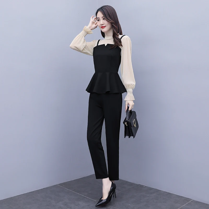 

Fashion suits female autumn outfit new stitching slim pants blouse top two-piece clothing set outfit women business uniform