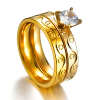 gold color cz zircon finger ring set wedding bands stainless steel couples gift for women and men jewelry