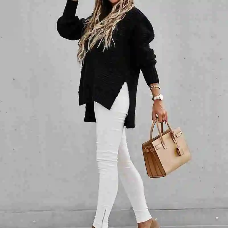 

Hot Sale Autumn And Winter New Style Long-Sleeved Women's Half-High Neck Color Drawstring Side Slit Knit Sweater