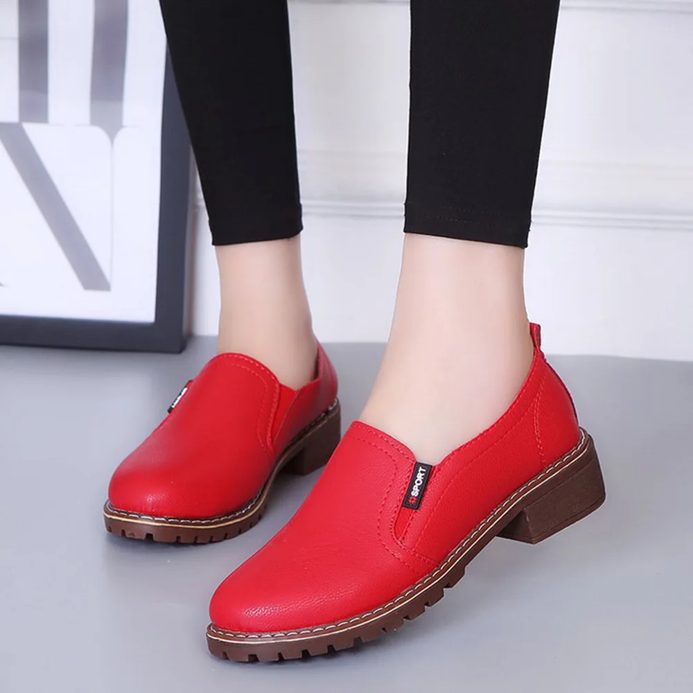 

Middle Heel Slip-on Low Top Shoes Bullock Round Head Student Casual Leather Shoes Loafers British Style Loafers