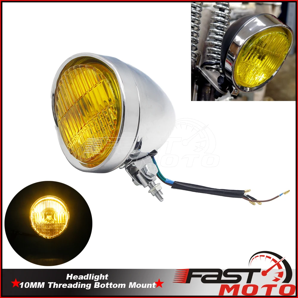 

10MM Thread Bottom Mount Headlight Retro Old School Head Light Universal For Suzuki Kawasaki Chopper Bobber Cafe Racer Touring