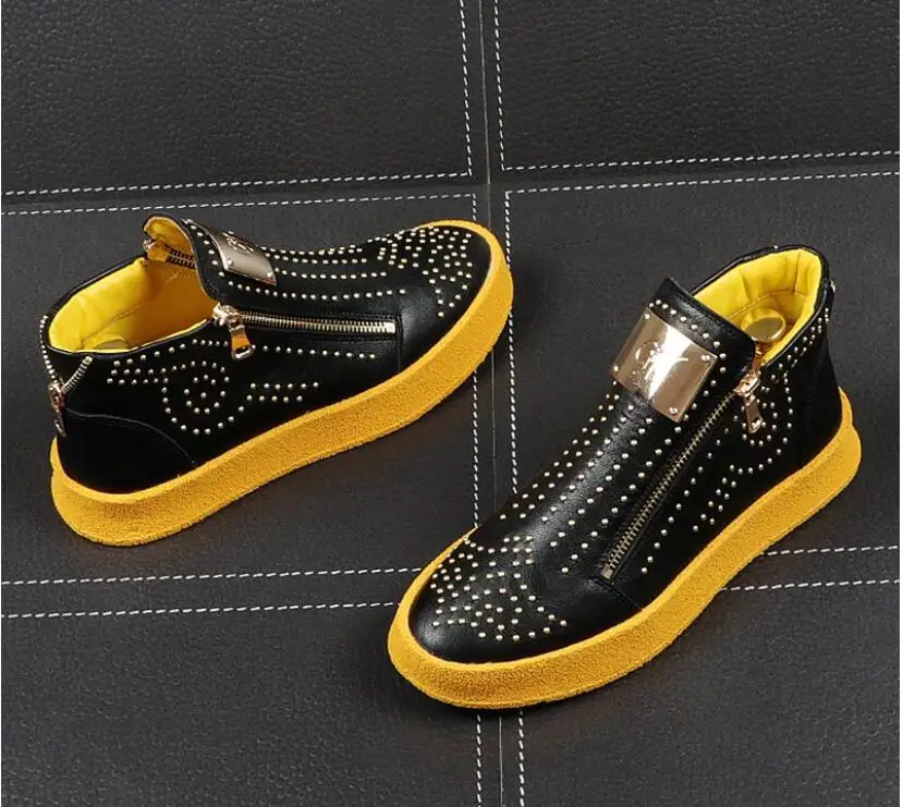 

luxury designer rivet shoes for men zip sneakers high tops shiny rivet men Casual shoes autumn Platform punk zip Ankle boots
