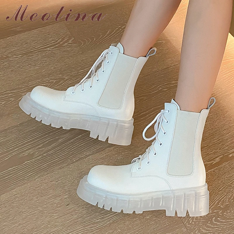 

Meotina Women Genuine Leather Chelsea Boots Thick High Heel Platform Lace Up Ladies Boots Ankle Boots Autumn Winter Beige Black