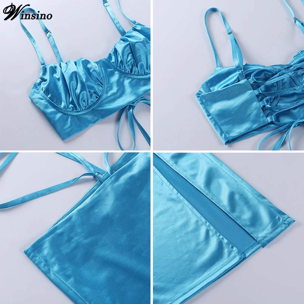 

Two Piece Suit Satin High Split Dress+ Sexy Halter Tube Top Spaghetti Straps Sleeveless 2021 Summer Women Solid Color Outfits