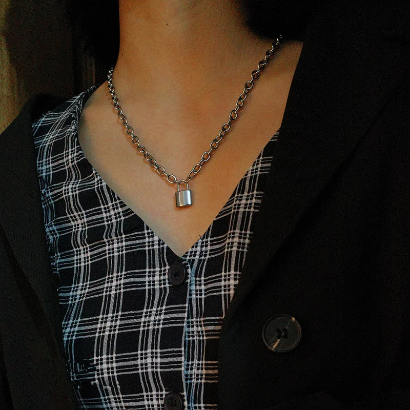 

Vintage Punk Choker Lock Pendant Chain Silver Color Hip Hop Necklace for Women Fashion Jewelry Gift