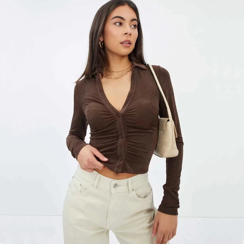 

Women Slinky Slim Fitted Shirt Ruched Shirt