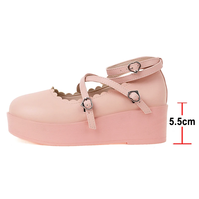 FOREADA Woman Lolita Style Shoes AnkleWedges High Heels Pumps Platform Buckle Lady Footwear Round Toe Lovely Pumps 34-43 Pink