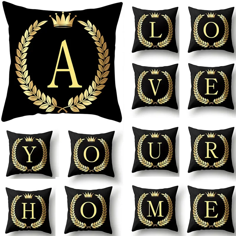 

45cm *45cm Black Gold Letters Pillowcase Crown Sofa Cushion Cover Alphabet Pillowcover Home Decoration Decor