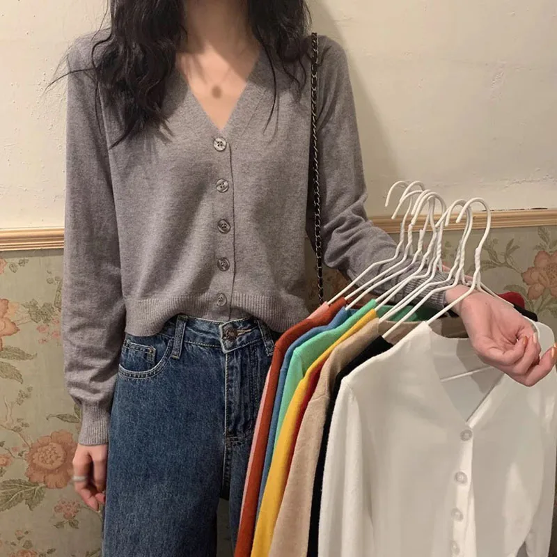 

Women Single-breasted Knitted Cardigan Girls V-neck Long Sleeve Solid Color Thin Corp Tops Sweaters for Women Fashion Z