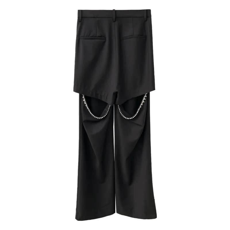 

DEAT 2021 New Women Fashion Patchwork Hole Embroidered Flares Lattice Was Thin High-waist Straight-leg Pants Autumn Winter 7E253