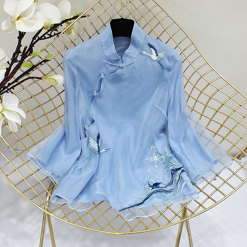 Китайский традиционный топ с цветочным принтом cheongsam, китайская блуза, рубашка qipao с длинным рукавом, китайский Топ для женщин с вышивкой журавля - Цвет: color1