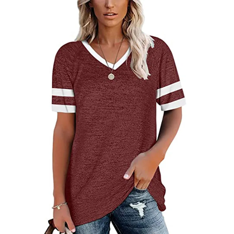 

2021 Spring Summer Fashion Casual Stitching V-Neck Color Contrast Short-Sleeve Top T-Shirt Loose Pullover Women's T-Shirt Tops
