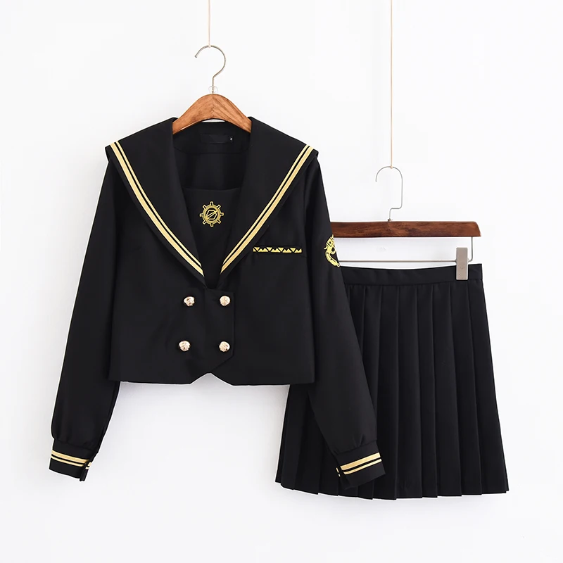 Long Sleeve Set UPHYD/японская форма с длинным рукавом для школьниц, с вышивкой сакуры, для старшей школы, женские новые матросские Костюмы, униформа для девочек черного цвета - Цвет: Long Sleeve Set