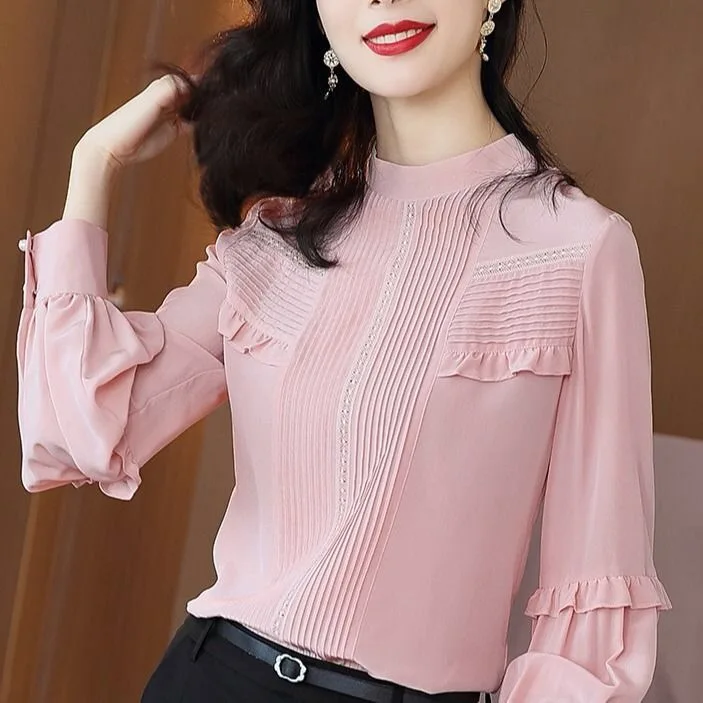 

Fall Spring Fashion Women Stand Collar Ruffles Long Sleeve Imitation Silk Blouse Top Shirt , Womens lace 3xl Pleated Blouses