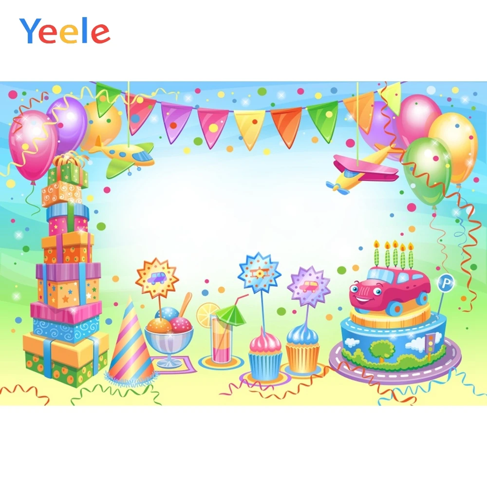

Мультфильм Красочные воздушные шары флаги подарок торт День рождения фоны Детские индивидуальные фотосессии фоны для фотостудии