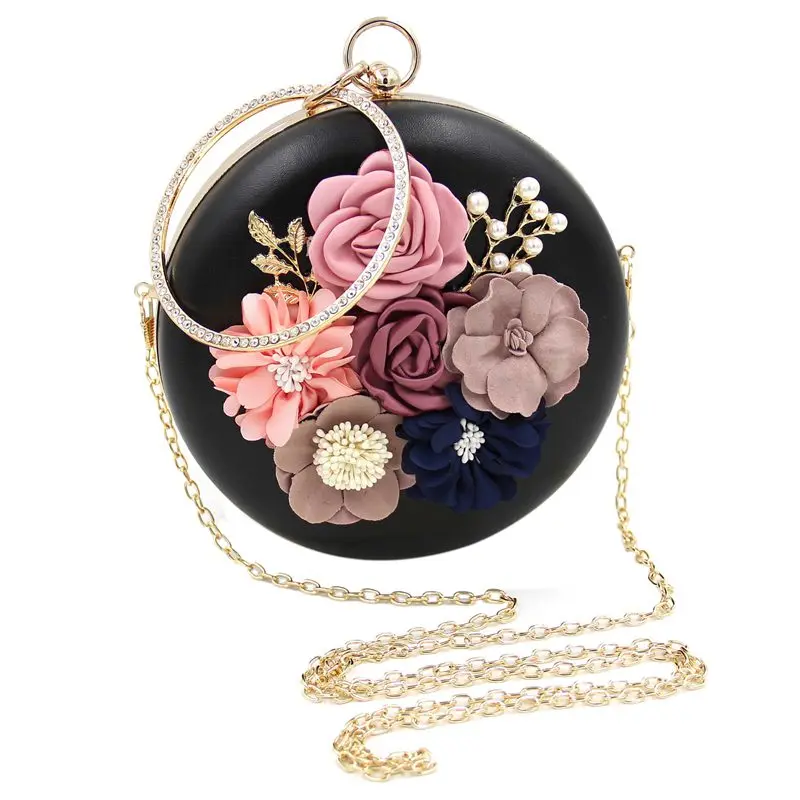 

Flower Clutch Bags Round Shape Wedding Party Evening Handbag Black