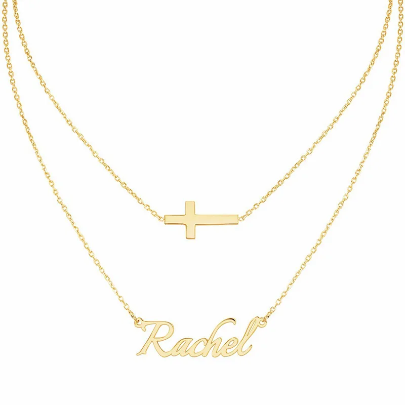 

Персонализированное колье пользовательское имя многослойное ожерелье с крестом для женщин из нержавеющей стали с подгонянной двойной оже...