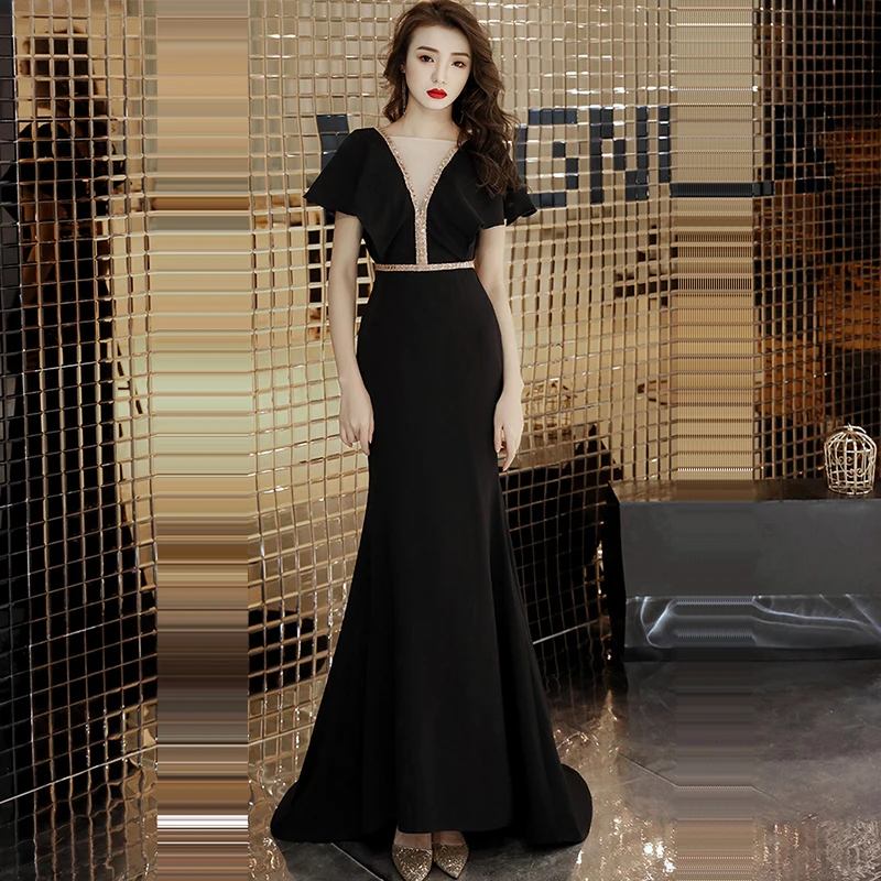 Вечернее платье Soild v-образным вырезом с коротким рукавом Robe De Soiree в пол, со стразами женские вечерние платья с открытой спиной F159