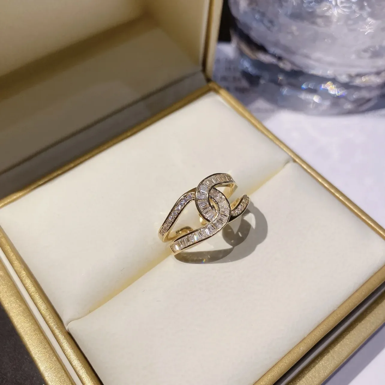 

Double C ring copper micro set zircon light luxury open ring fashion versatile plated 14K Gold Ring