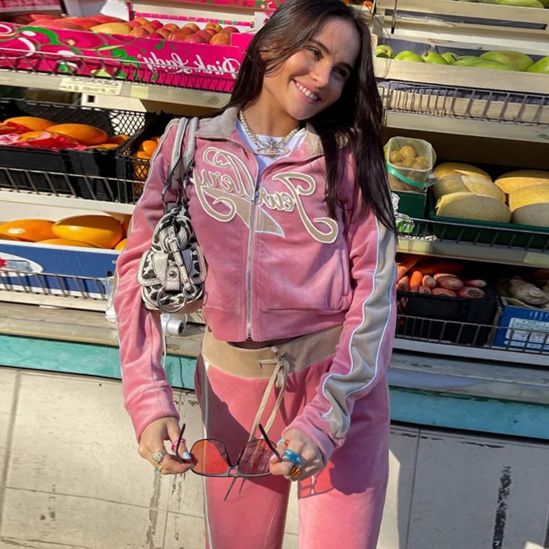 

Velvet Zipper Velour Suit Hoodies Women Tracksuit Letter Print Velvet 2 Piece Outfit Sweatshirt+Straight Sweatpants Matching Set