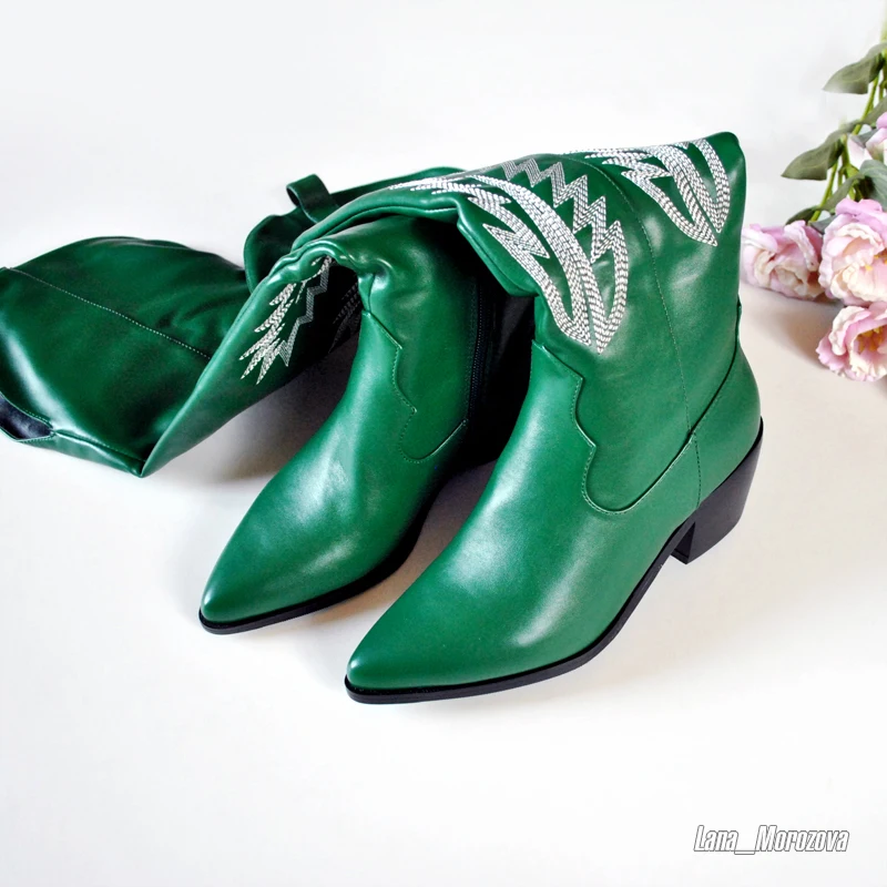 Женские ковбойские сапоги до середины икры с острым носком|Сапоги колена| |