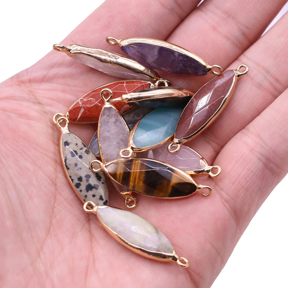 

1pcs Natural Horse Eye Shape Connectors Pendant Flash Labradorite Rose Quartzs Stone Double Hole Jewelry Making Bracelet 6x14mm