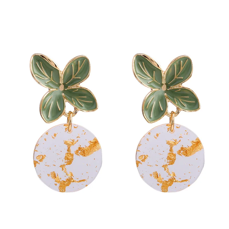 

Green camellia flower earrings French oil painting style design gilt small fresh earrings women