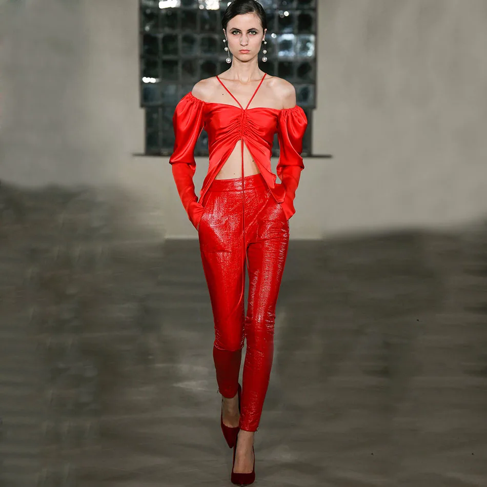 

2021 Summer New Women'S 2 Piece Two-Piece Set Sexy Red Satin Strapless Long-Sleeved Lace Top & Leather Pencil Pants Party Set