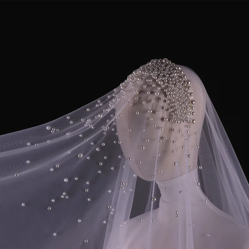 Фата свадебная Тюлевая Длинная с жемчугом элегантная белая невесты для