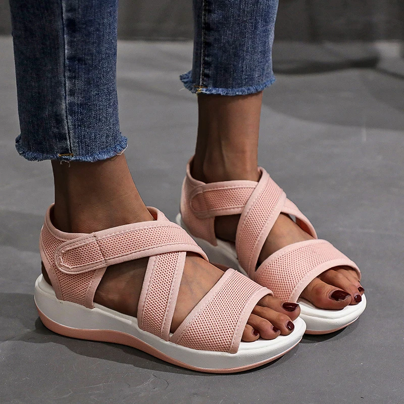 

New Bohemian Style 2021 Summer Women Knitting Low Wedges Heel 4.5CM Rome Open Toe Sandals Platform Sandalis Mujer Piel Shoes 43