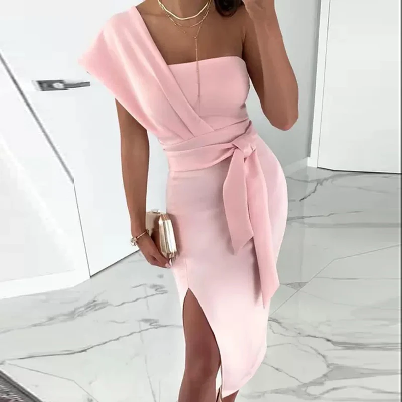 

New 2021 Autumn One Shoulder Sashes Bodycon Dress Women Elegant Tube Top Backless Sexy Tunic Slim Party Dress