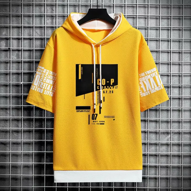 

New Korean Style Men's Hoodies Fashion Streetwear Half Sleeve Hooded Sweatshirts Men Casual Harajuku Prints Men Clothing Hoodies