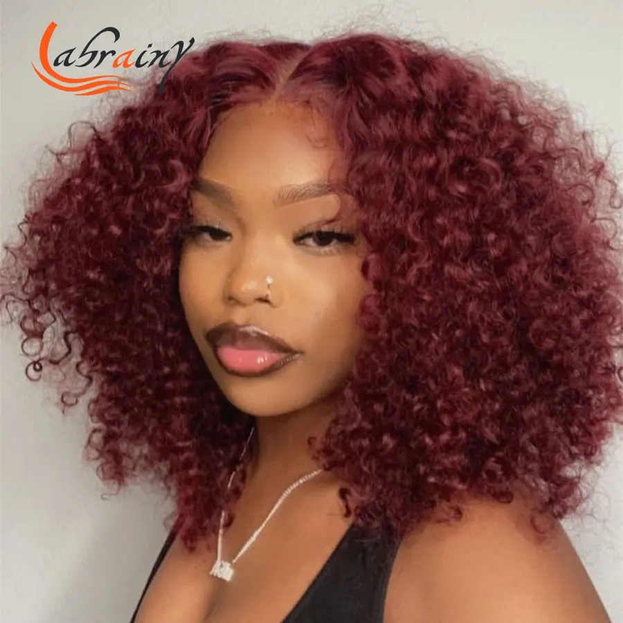 Вьющиеся бордовые парики из человеческих волос 99J Red Lace Front Wig цветные короткие