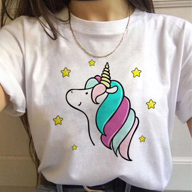 Единорог Kawaii Harajuku футболки женские милые Unicornio Ullzang мультфильм футболка 90s Забавный принт футболки с графическим изображением женские - Цвет: 7553