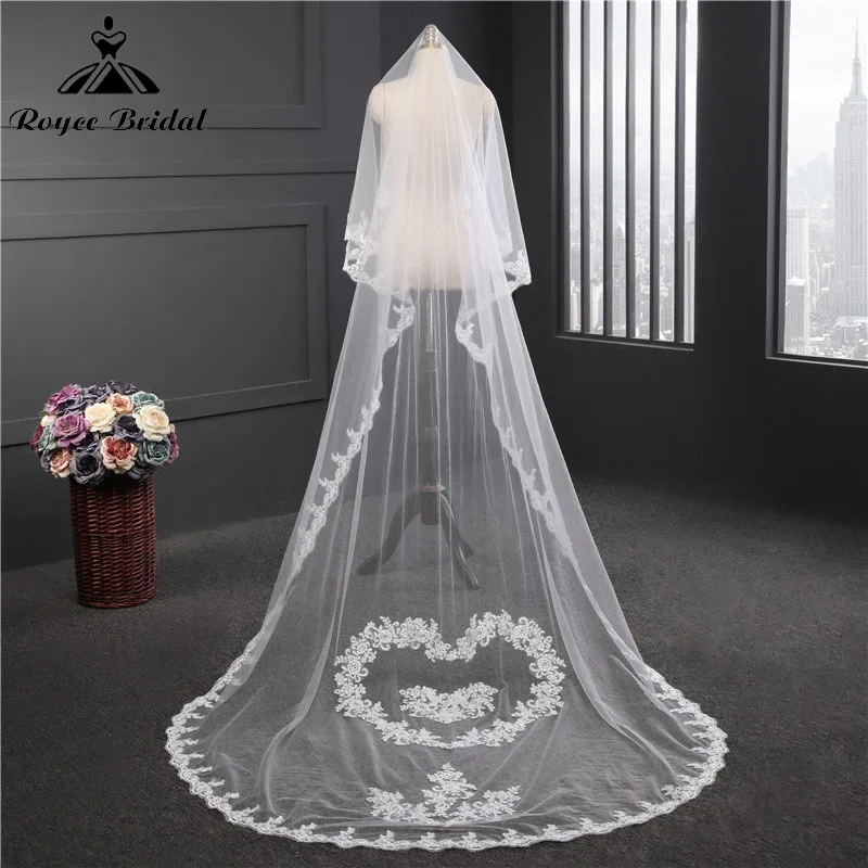 

Real Photos 3 Meters White Ivory Red Long Cathedral Veil One Layer Appliqued Lace Edge Bridal Veils Wedding Accessories 2022