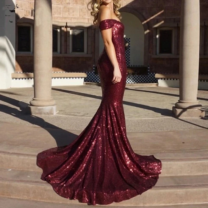 

ANGELSBRIDEP Off-Shoulder Mermaid Evening Party Dresses Vestidos de festa Bling Bling Sequin Prom Formal Bridesmaid Dress