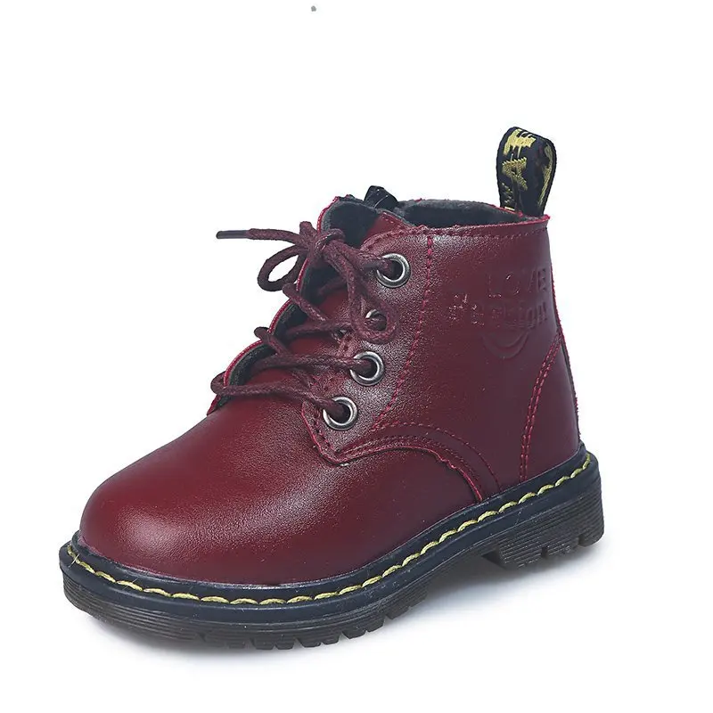 

Girls' English style 2021pu leather boots children's single boot antiskid boys' Plush army boots for kids 10 to 12 year old