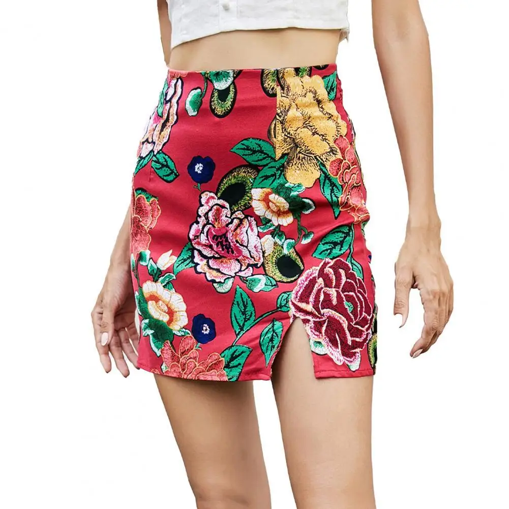 

boho summer 2020 high waist mini skirts women sexy floral retro pencil skirts zipper blue feminino satin slit skirts