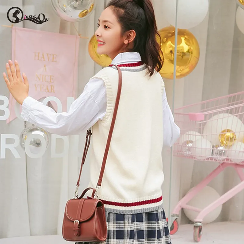 

Sweater Vest Women Striped Appliques Vest Korean Style Sleeveless V-neck Ladies Knit Autumn New Tank Tops