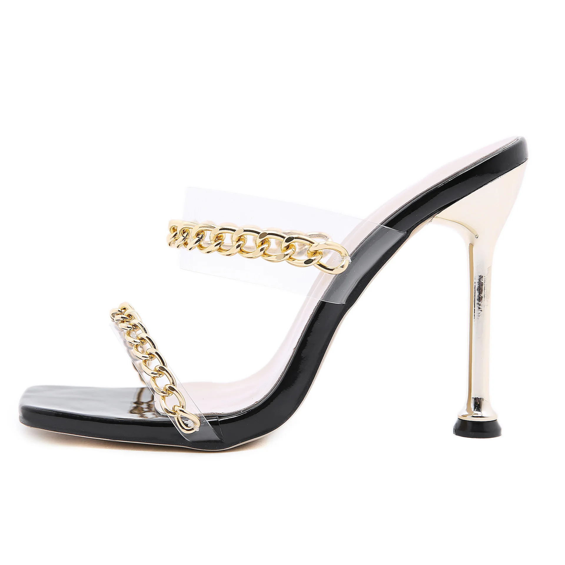 

2021 New European and Beautiful Women Shoes Comfortable High Heel Metal Plated Heel Square Toe Chain Sandals Women Shoes