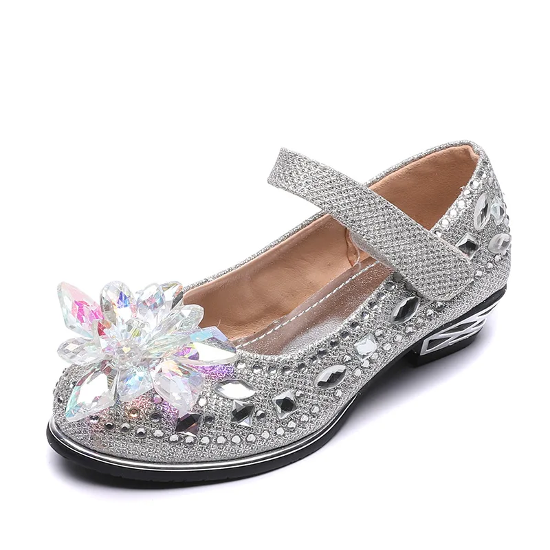 

Girls Leather Shoes Fashion Rhinestone Low Heel Kids Party Shoes Spring New Girls Princess Shoes Pink Silver SZY001