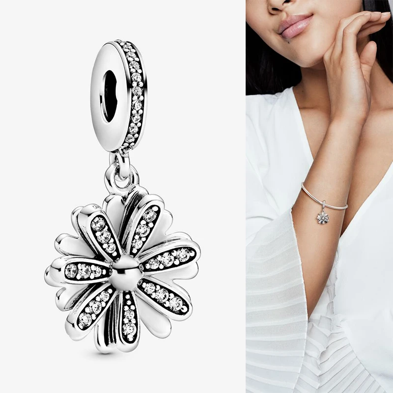 

925 Sterling Silver Charm New Sparkle Revolving Daisy Pendant Fit Pandora Women Bracelet & Necklace Diy Jewelry