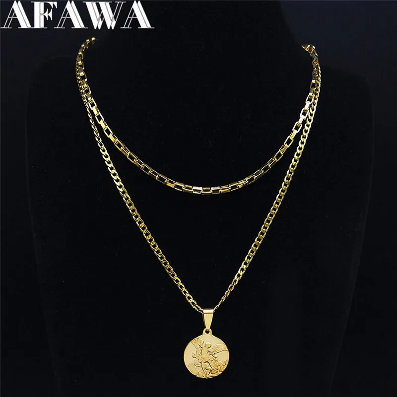 

2pcs St-Michael Men Rings Good Lucky Talisman Religious Personality Stainless Steel Necklace Gold Color Jewelry cadenas NK62S02