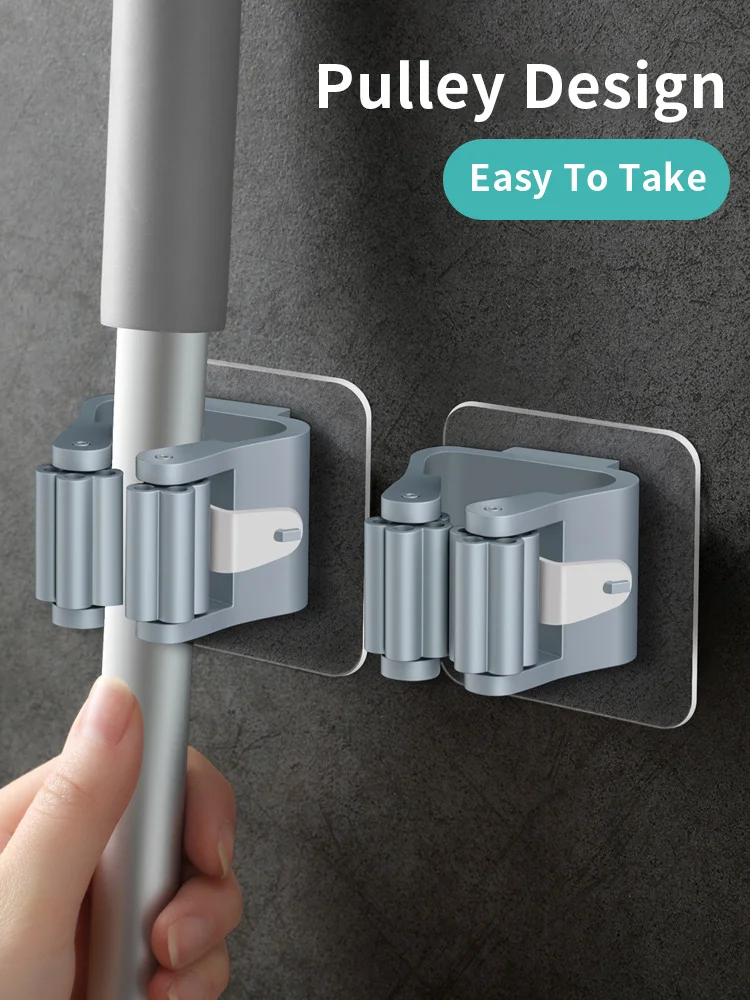 

2PC Storage Rack Mop Hook Free Punch Strong Viscose Wall Hanging Household Seamless Storage Mop Clip Bathroom Hanging Mop Holder