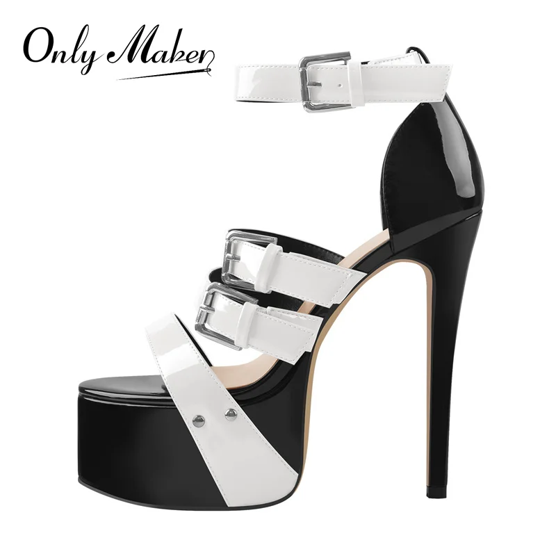 

Onlymaker Summer Women's Platform Sandals Pink White Patent Leather Ankle Buckles Stiletto High Heel Slippers Fashion Big Size