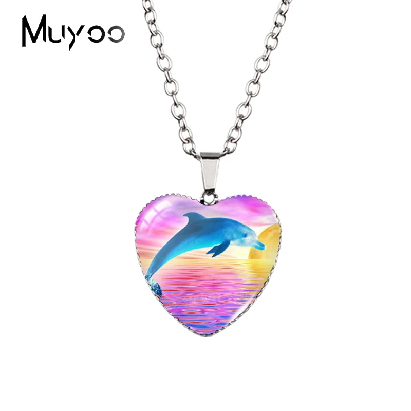 Ожерелье с подвесками в форме сердца дельфины на закате Галактический пейзаж
