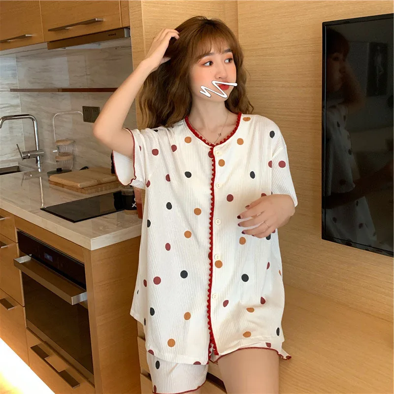 2021 Summer New Korean Wave Point Lace Cardigan Nightgown Home Wear Casual Loose Comfortable Women's Pajamas Suit Lady Sleepwear